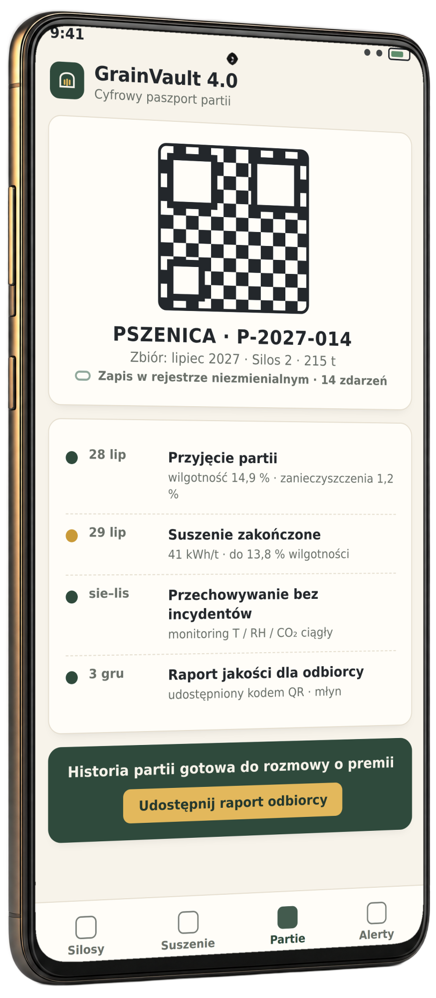 Makieta aplikacji GrainVault na telefonie: cyfrowy paszport partii z kodem QR i historią zdarzeń jakościowych